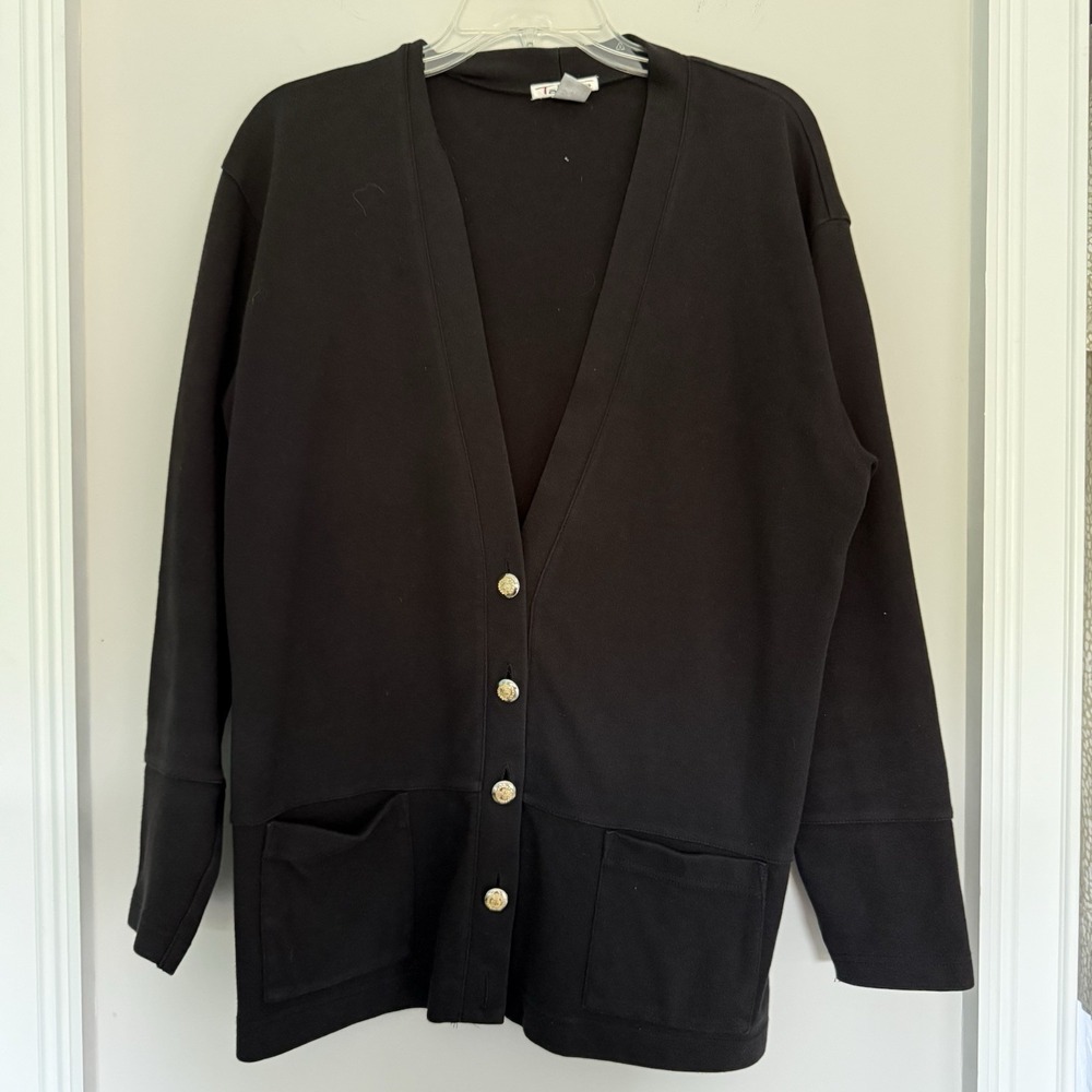 Talbots Vintage Black Knit Cardigan Jacket Gold Crest Buttons Pocket Large 90s - Picture 2 of 7